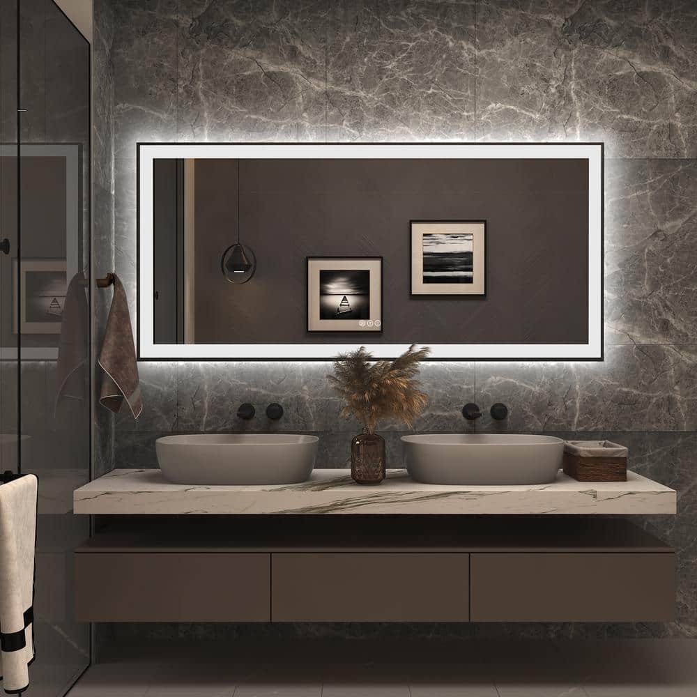 Matte Black LED Lighted Anti-Fog Tempered Glass Vanity Mirror, 60" x 28"