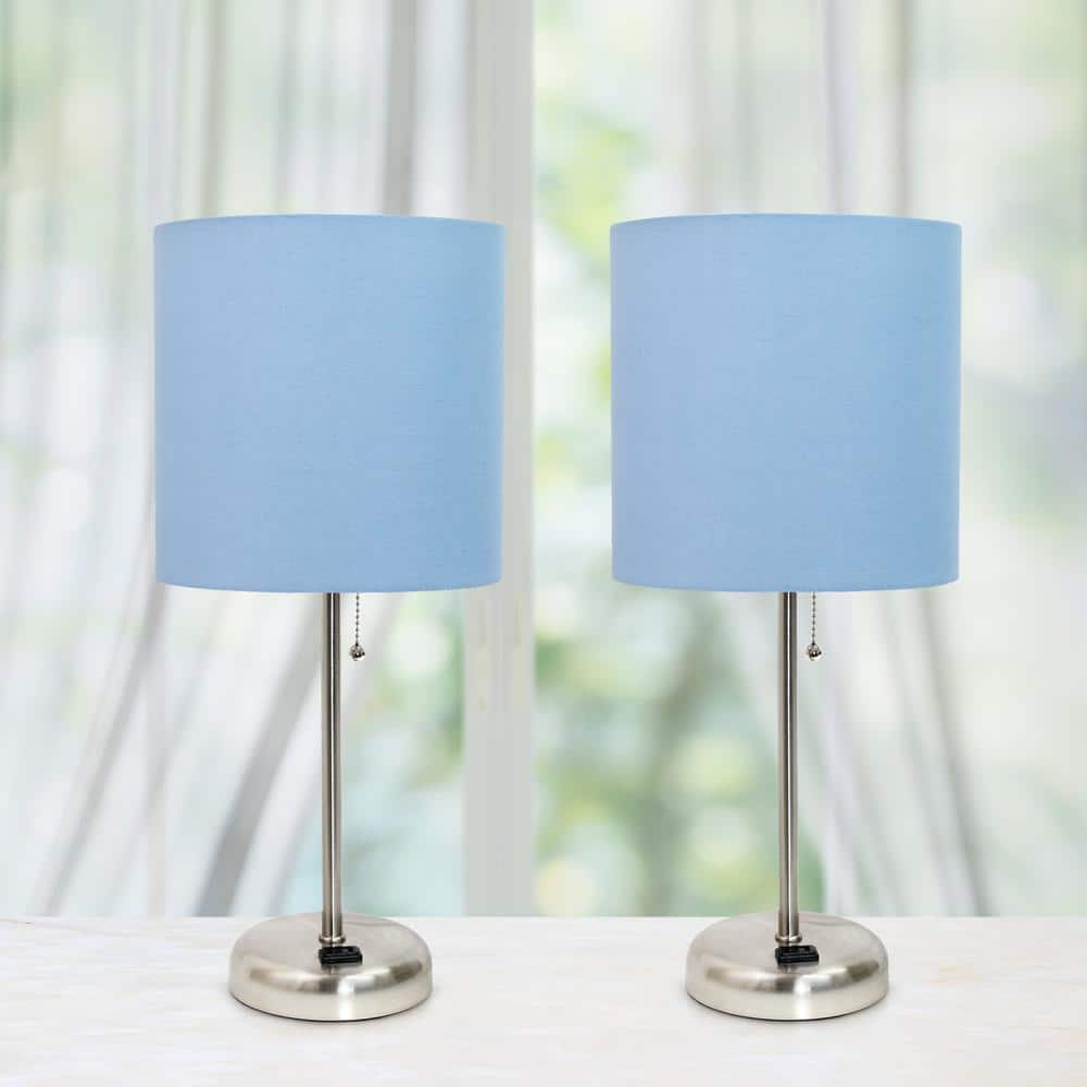 Blue Fabric Shade Table Lamp Set with Charging Outlet, 19.5"