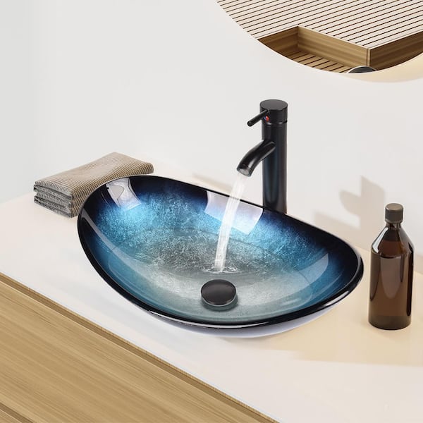 Glass Oval Vessel Sink in Ocean Blue