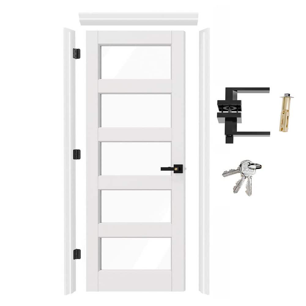 24 in. x 80 in. Left-Handed 5 Lite Clear Glass Primed Wood Interior Door with Quick Assemble Door Jamb, Lever &Latch price history on PriceWatchPro