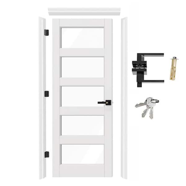 30 in. x 80 in. Left-Handed 5 Lite Clear Glass Primed Wood Interior Door with Quick Assemble Door Jamb, Lever and Latch