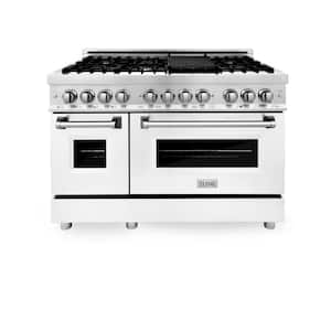 48 in. 7 Burner Double Oven Dual Fuel Range with White Matte Door in Stainless Steel