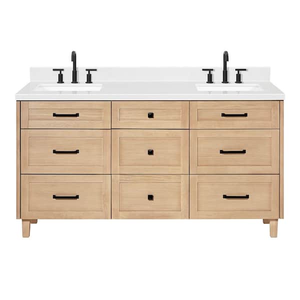 Monroe 66 in. W x 22 in. D x 36 in. H Double Rectangle Sink Bath Vanity in Oak with Carrara White Quartz Top