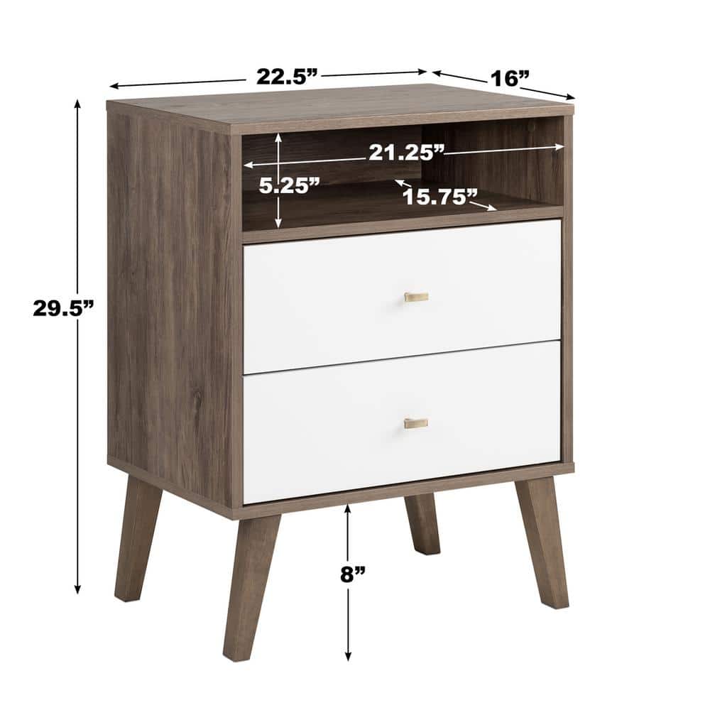 Mid-Century Modern Drifted Gray and White 2-Drawer Nightstand with Shelf