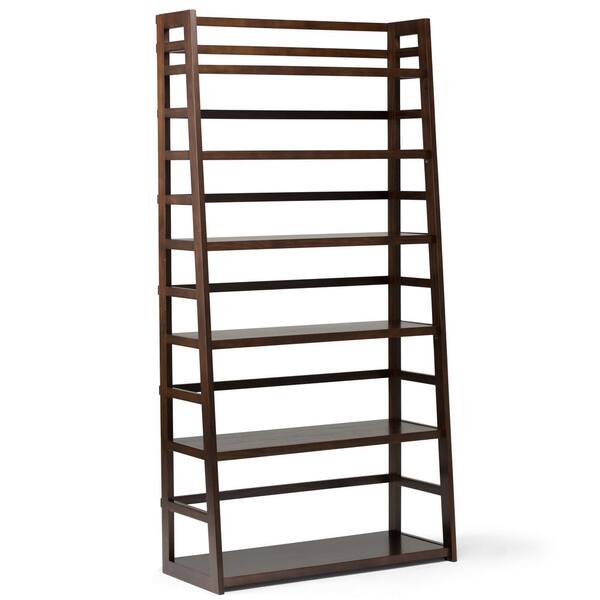 Simpli Home Acadian 72 in. H Tobacco Brown Wood 5-Shelf Ladder Bookcase with Open Back