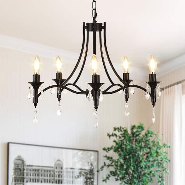 PAKOKULA 22.24 in. 5-Light Matte Black Candlestick Branch Chandelier with Crystal Pendant for Living Room