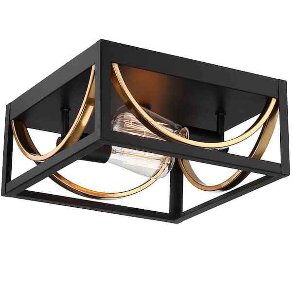 Pia Ricco 11.8 in. 2-Light Modern Black and Gold Flush Mount Ceiling Light Fixture for Kitchen or Bedroom