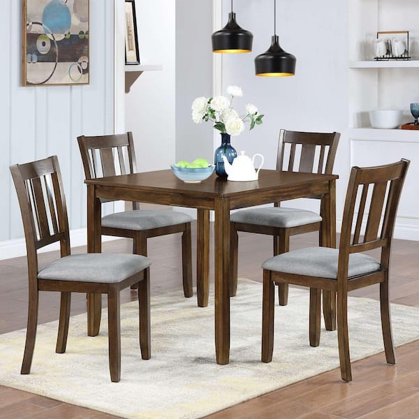 5-Piece Square Walnut Wood Top Dining Room Set Seats 4