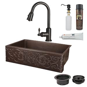 30" Hammered Copper Kitchen Apron Single Basin Sink w/Scroll Design with ORB Accessories