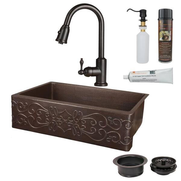 Premier Copper Products 30 Hammered Copper Kitchen Apron Single Basin Sink Wscroll Design With 9179