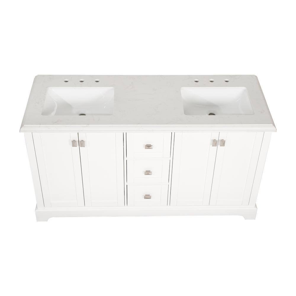 60'' White Double Freestanding Bathroom Vanity with Marble Top