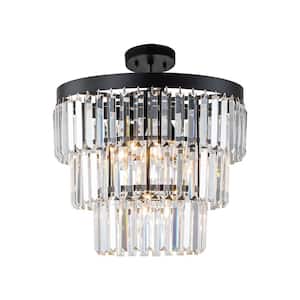 17.5 in. 5-Light Black Modern Tiered Chandelier Flush Mount with K9 Crystal and No Bulb Included