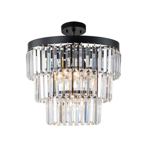 C Cattleya 17.5 in. 5-Light Black Modern Tiered Chandelier Flush Mount with K9 Crystal and No Bulb Included