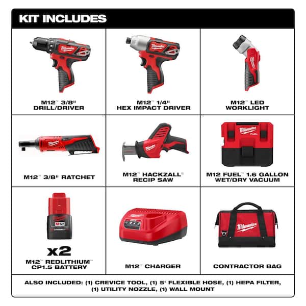 M12 12V Li-Ion Cordless Combo Kit (5-Tool) with Two 1.5Ah Batteries, Charger & Tool Bag M12 FUEL 1.6 Gal. Wet/Dry Vacuum