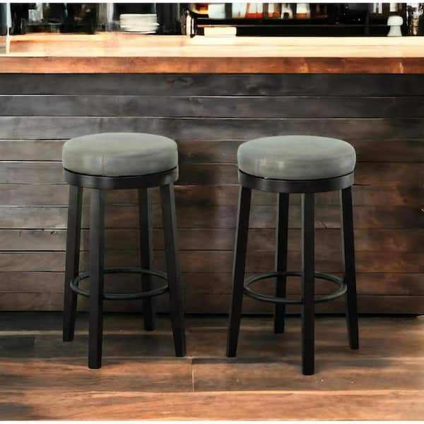HomeRoots 30 in. Gray Backless Wood Bar Chair with Faux Leather Seat Set of 2