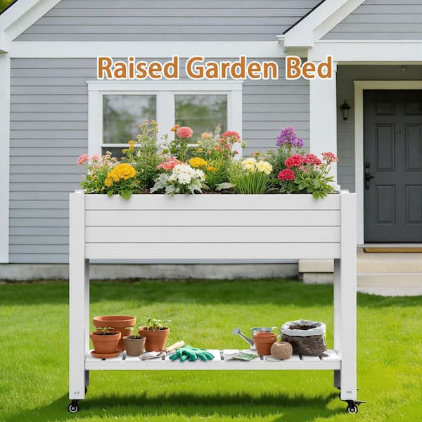 Plastic White Plant Reinforced Large Planter Box with Wheels and
