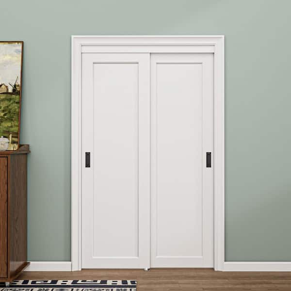 48 in. x 80 in. Paneled 1-Lite Blank Pattern White Primed MDF Sliding Door with Hardware Kit