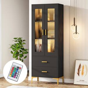 Eulas 64.96 in. Tall Black Particle Board 3-Shelf Bookcase with LED Light, Doors and Drawers