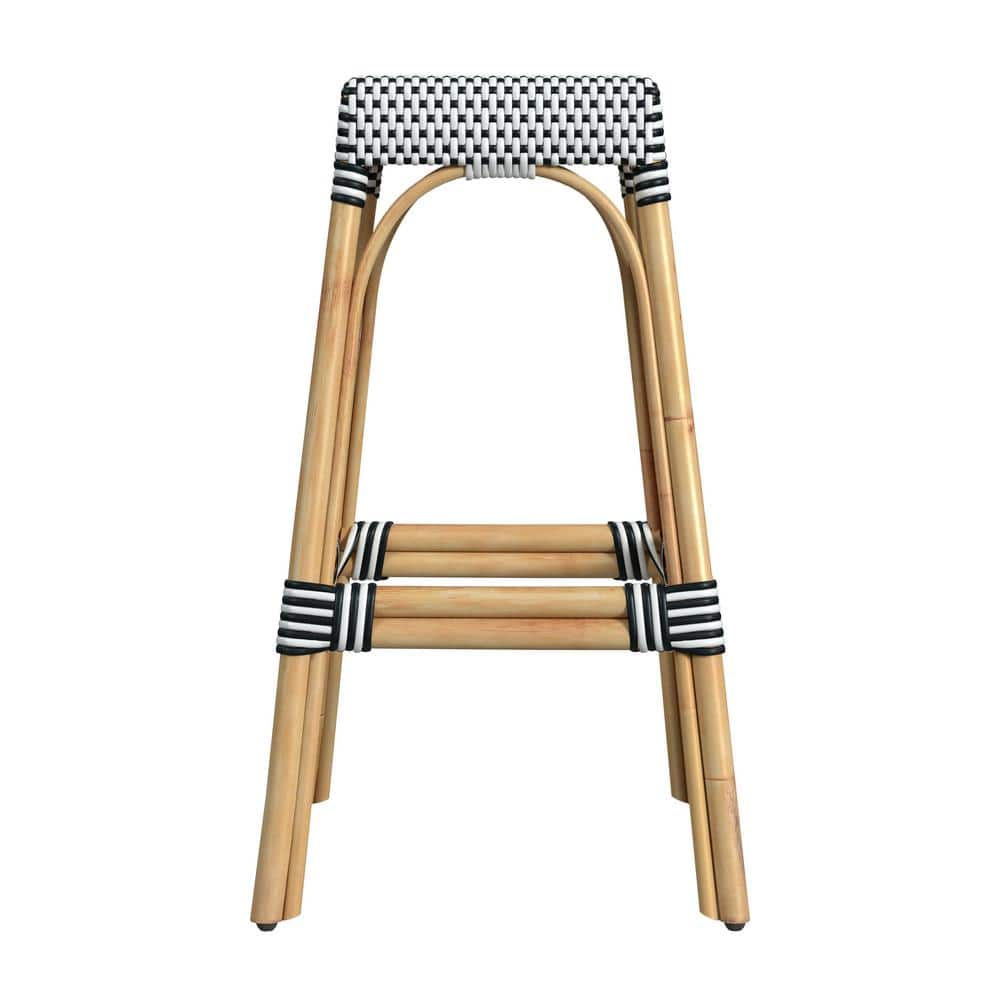 Coastal Transitional 30" White and Black Woven Rattan Bar Stool