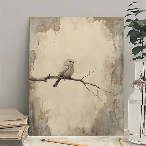Vintage Bird on Branch Framed Canvas, 16 x 12, Beige and Brown