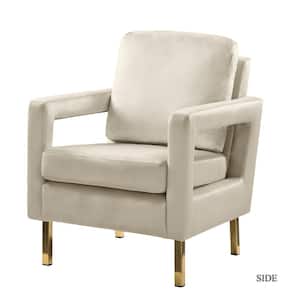 Anika Modern Tan Comfy Velvet Arm Chair with Stainless Steel Legs and Square Open-framed Arm