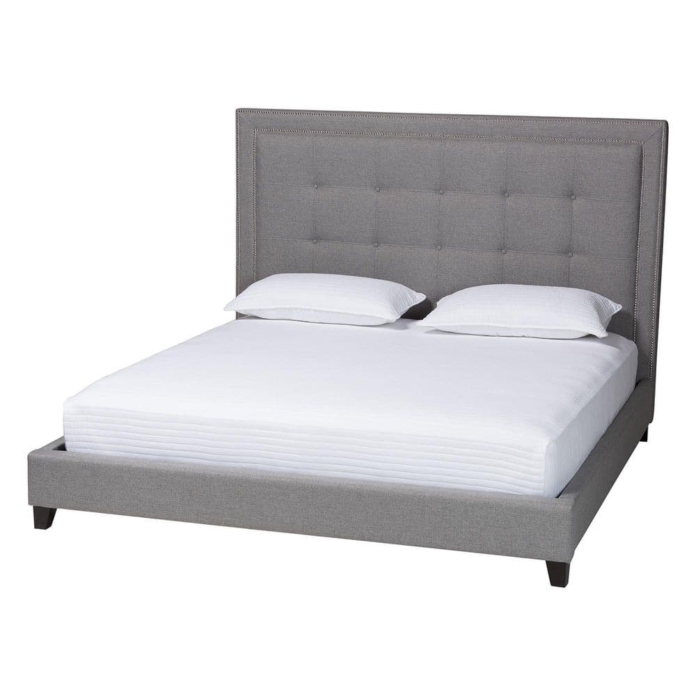 Elegant Gray Linen King Platform Bed with Tufted Headboard and Nailhead Trim