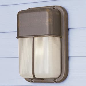 Well 10 in. 1-Light Rust Rectangular Bulkhead Outdoor Wall Light Fixture with Ribbed Acrylic