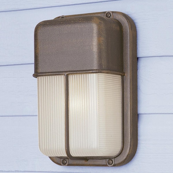Bel Air Lighting Well 10 in. 1-Light Rust Rectangular Bulkhead Outdoor Wall Light Fixture with Ribbed Acrylic