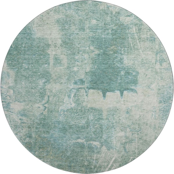 Mayfield Premium Machine Washable Abstract AMF2226 Teal 8 ft. x 8 ft. Round Rug