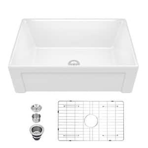 30 in. Farmhouse Apron-Front Single Bowl White Ceramic Kitchen Sink with Bottom Grid and Strainer