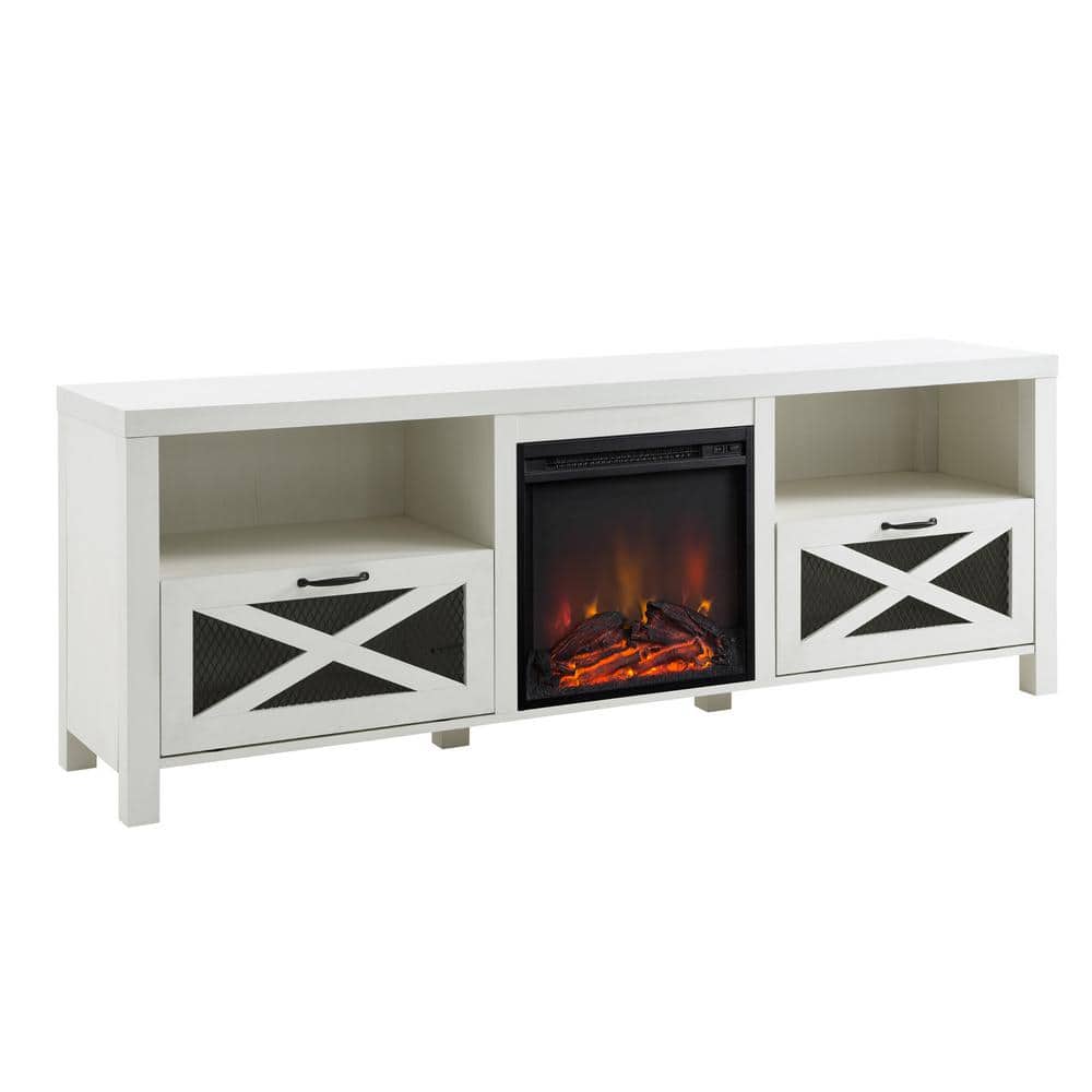 Brushed White 70" TV Stand with Electric Fireplace and Mesh Cabinets