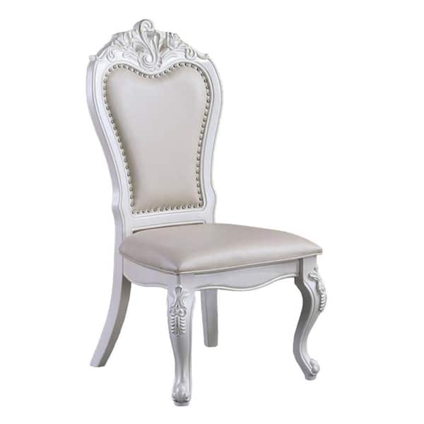 Benjara White Faux Leather Side Chair with Carved Cabriole (Set of 2)