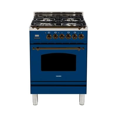 24 in. 2.4 cu. ft. Single Oven Italian Gas Range with True Convection, 4 Burners, Bronze Trim in Blue