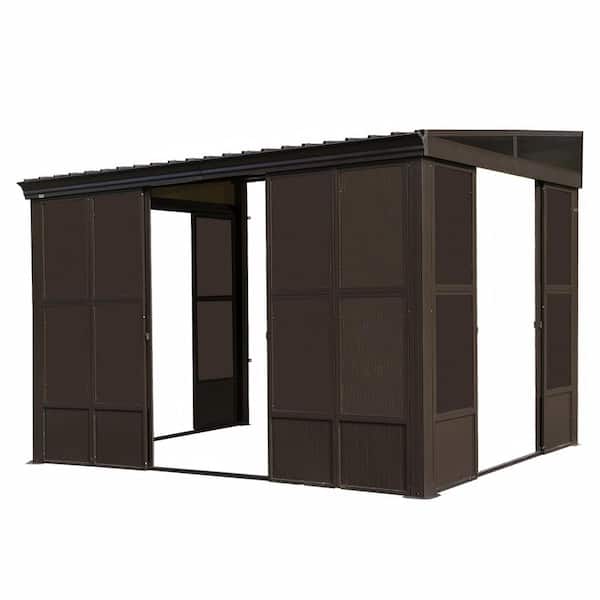 8 ft. x 12 ft. Brown Wall-Mounted Aluminum Frame Sunroom with Galvanized Steel Sloped Roof and Sliding Doors