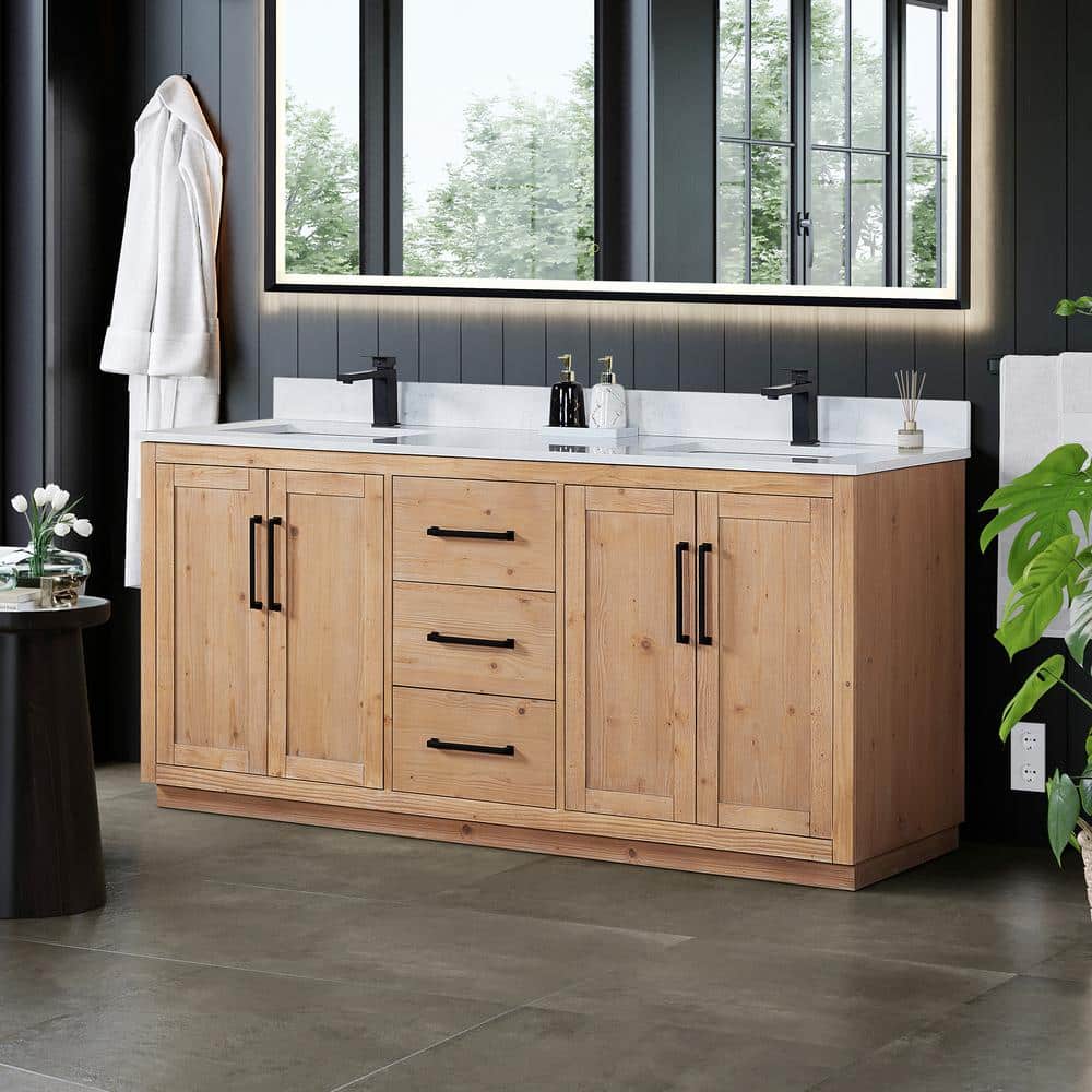 Cicero 72" Light Brown Fir Wood Bathroom Vanity with White Stone Countertop