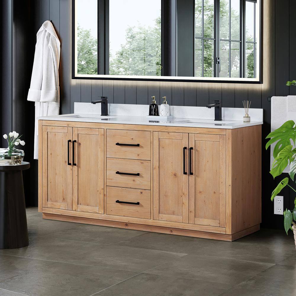 Cicero 72" Light Brown Fir Wood Bathroom Vanity with White Stone Countertop