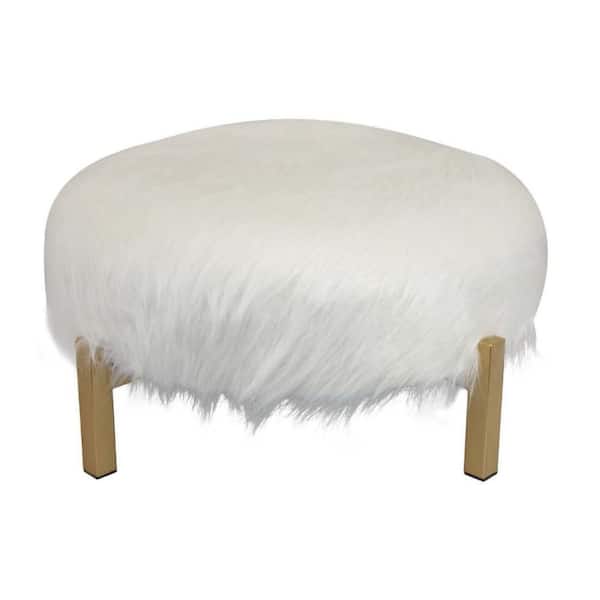 Accent White and Gold Fabric Round Accent Ottoman