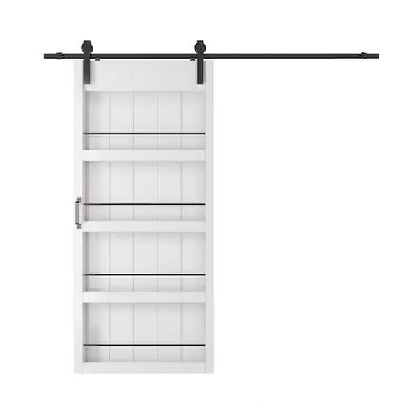 TENONER 36 in. x 84 in. 4-Levels Shelfs Style, Primed MDF White Finished, Sliding Barn Door with Hardware Kit