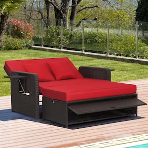 Mix Brown Wicker Outdoor Day Bed with Red Cushions