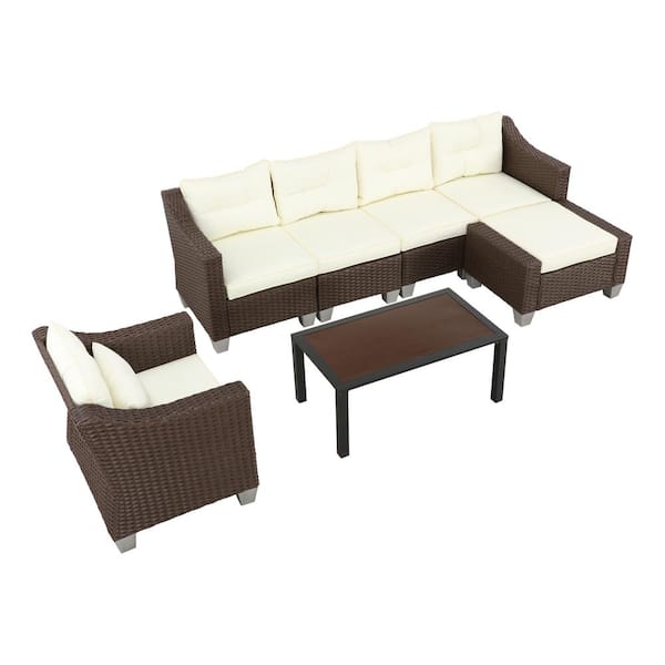 Patio Festival 7-Piece Wicker Patio Conversation Set with Beige Cushions