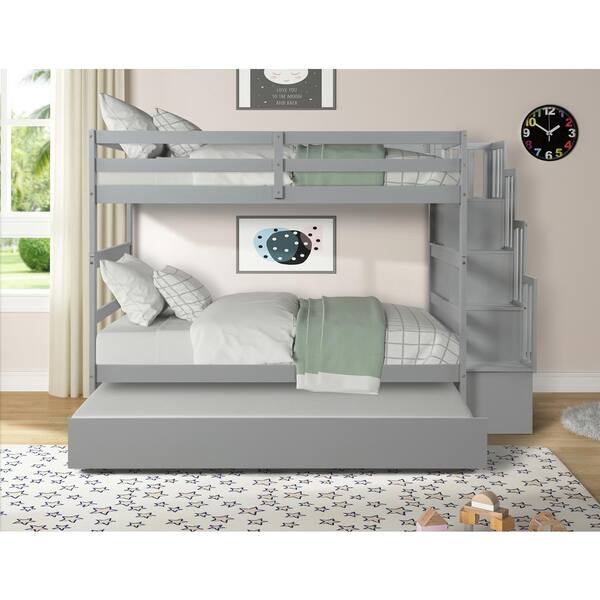 Modern Gray Twin Bunk Bed With Trundle, Twin Bunk Beds With Trundle