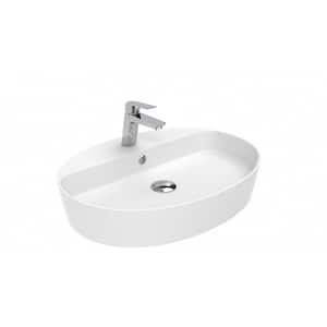 Lago 161 WG Glossy White Ceramic Oval Vessel Bathroom Sink with 1-Faucet Hole