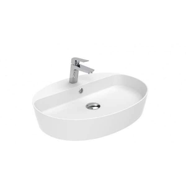 WS Bath Collections Lago 161 WG Glossy White Ceramic Oval Vessel Bathroom Sink with 1-Faucet Hole