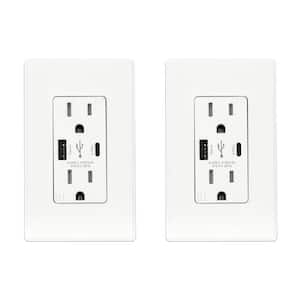 25-Watt 15 Amp Dual Type A and Type C USB Wall Duplex Outlet, Wall Plate Included, White (2-Pack)