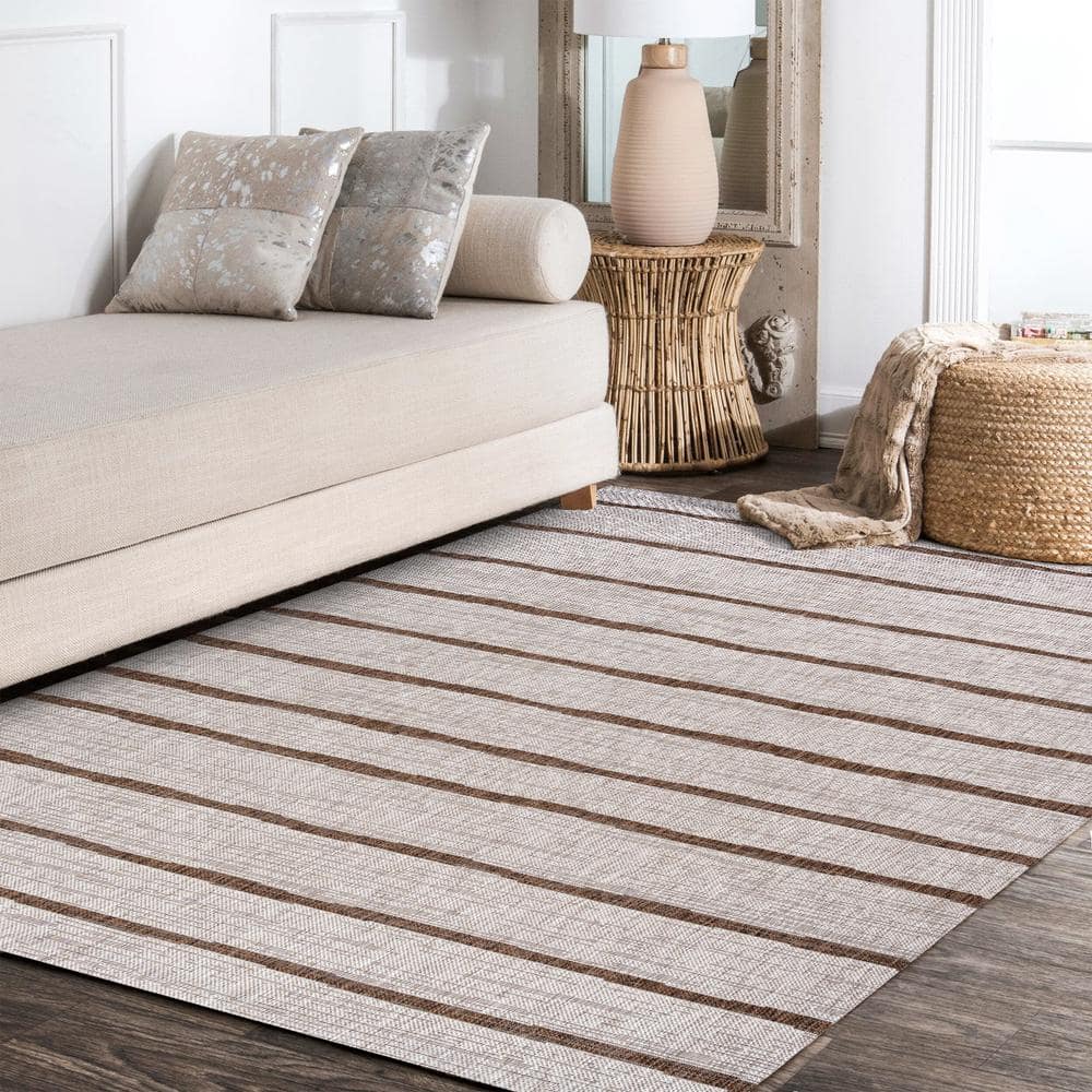 Beige and Brown Synthetic Rectangular Indoor/Outdoor Area Rug