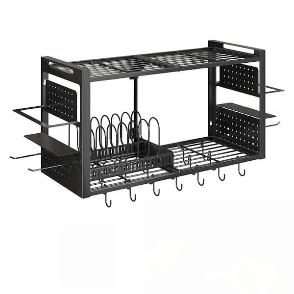 3-in-1 Heavy Duty Black Metal Wall Mount Pot Rack with Pot Lid Holder, 2 tier Kitchen Racks for Kitchen Cookware