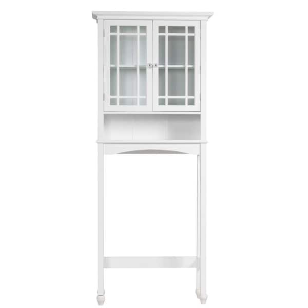 Elegant Home Fashions Albion 28 in. W x 68 in. H x 9-1/2 in. D Over the Toilet Storage Cabinet with 2 Glass Panel Doors in White