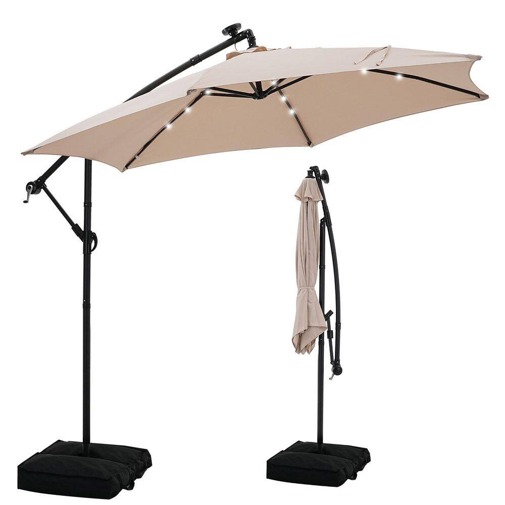 10 ft. Steel Cantilever Market Solar LED Outdoor Patio Umbrella in Khaki Offset with Base Stand price history on PriceWatchPro
