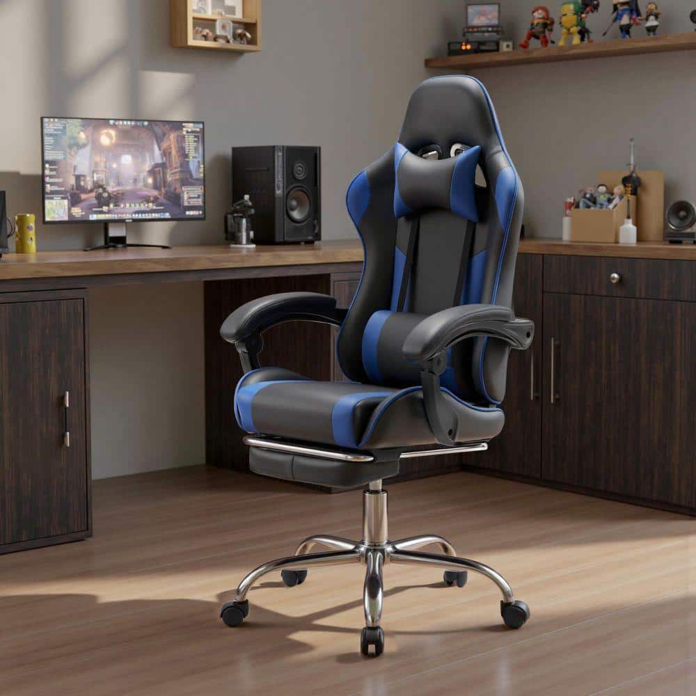 Ergonomic Faux Leather High Back Reclining Gaming Chair with Footrest for Adults in Black Blue with Linkage Armrests