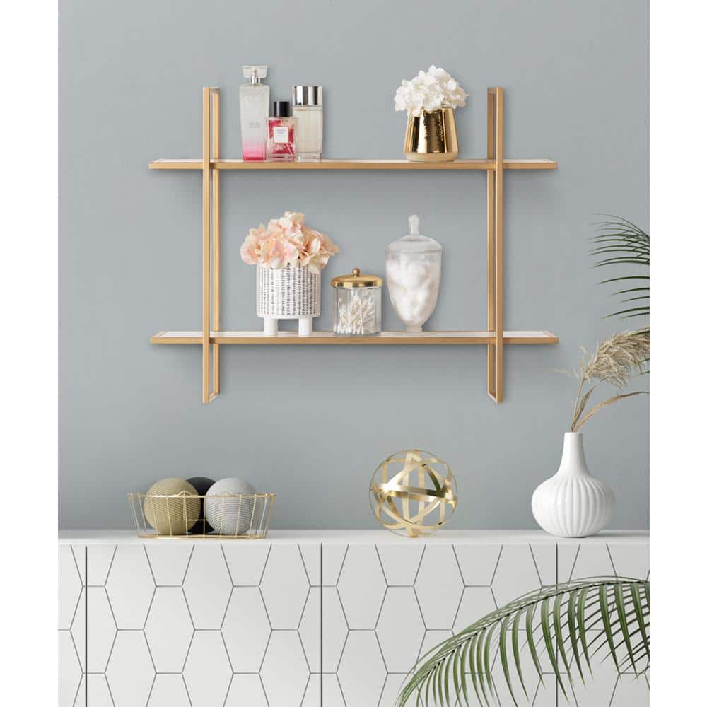 32.7" White and Gold Floating Wall Shelf